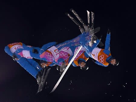 Freestyle Skiing - Pyeongchang 2018 Winter Olympics - Men's Aerials Training - Phoenix Snow Park - Pyeongchang, South Korea - February 18, 2018 - Jonathon Lillis from the U.S. trains. Picture taken using multiple exposure. REUTERS/Dylan Martinez