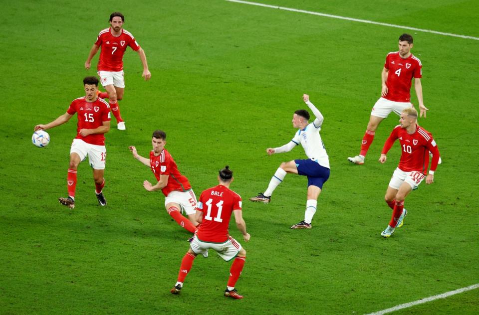 Phil Foden shoots at goal (Reuters)