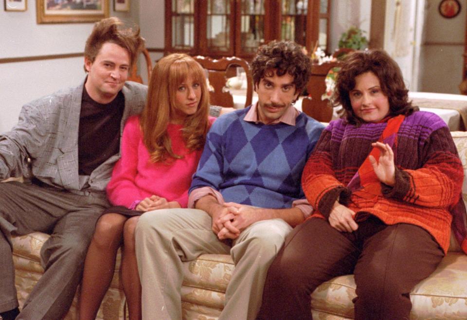 Matthew Perry, Jennifer Aniston, David Schwimmer and Courteney Cox memorably dressed as teen versions of their characters in the flashback-heavy Season 5 "Friends" "Thanksgiving" episode.