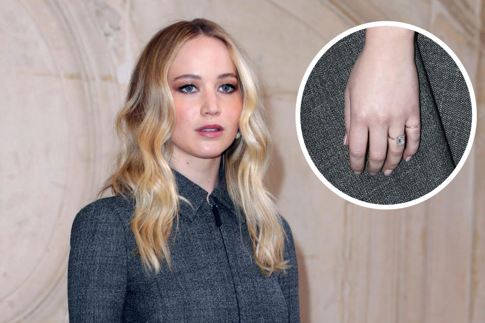 Jennifer Lawrence wears her engagement ring at the Dior show during Paris Fashion Week on Feb. 26, 2019. (Photo: Getty Images)