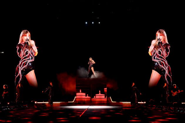 Taylor Swift performs onstage during Night 2 of the Eras Tour at Nissan Stadium in Nashville, Tennessee.