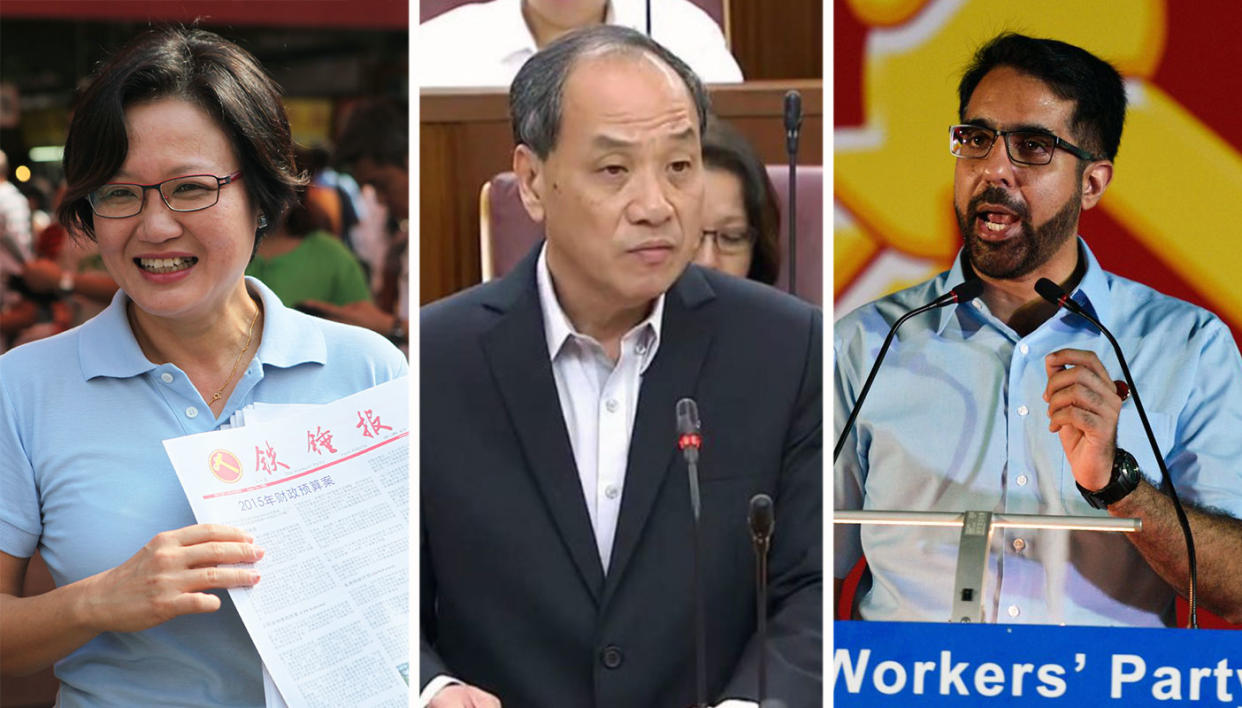 (L-R) Aljunied MPs Sylvia Lim, Low Thia Khiang and Pritam Singh. PHOTO: Yahoo News Singapore file photo