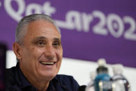 Brazil's head coach Tite smiles during a press conference on the eve of the group G of World Cup soccer match between Brazil and Cameroon in Doha, Qatar, Thursday, Dec. 1, 2022. (AP Photo/Andre Penner)