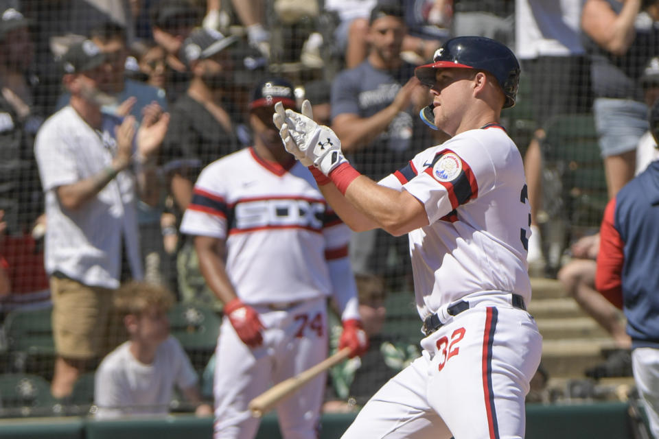 Chicago White Sox Gavin Sheets celebrates his home run against the Detroit Tigers during the sixth inning of a baseball game, Sunday, July 10, 2022, in Chicago. (AP Photo/Mark Black)