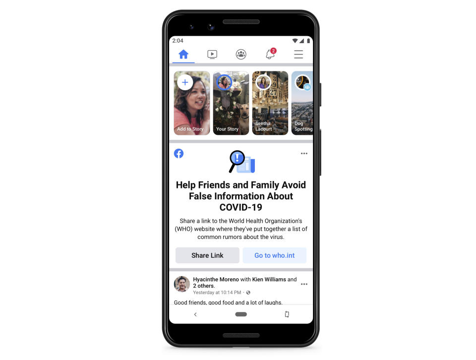 This undated image provided by Facebook shows the Facebook app on a cellular telephone. Facebook will soon let you know if you shared or interacted with dangerous coronavirus misinformation on the site, the latest in a string of aggressive efforts the social media giant is taking to contain an outbreak of viral falsehoods. (Facebook via AP)