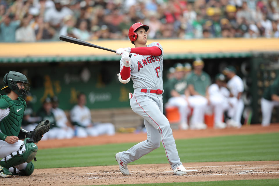 OAKLAND, CA - SEPTEMBER 2: Shohei Ohtani #17 of the Los Angeles Angels bats during the game against the Oakland Athletics at RingCentral Coliseum on September 2, 2023 in Oakland, California. The Athletics defeated the Angels 2-1. (Photo by Michael Zagaris/Oakland Athletics/Getty Images)