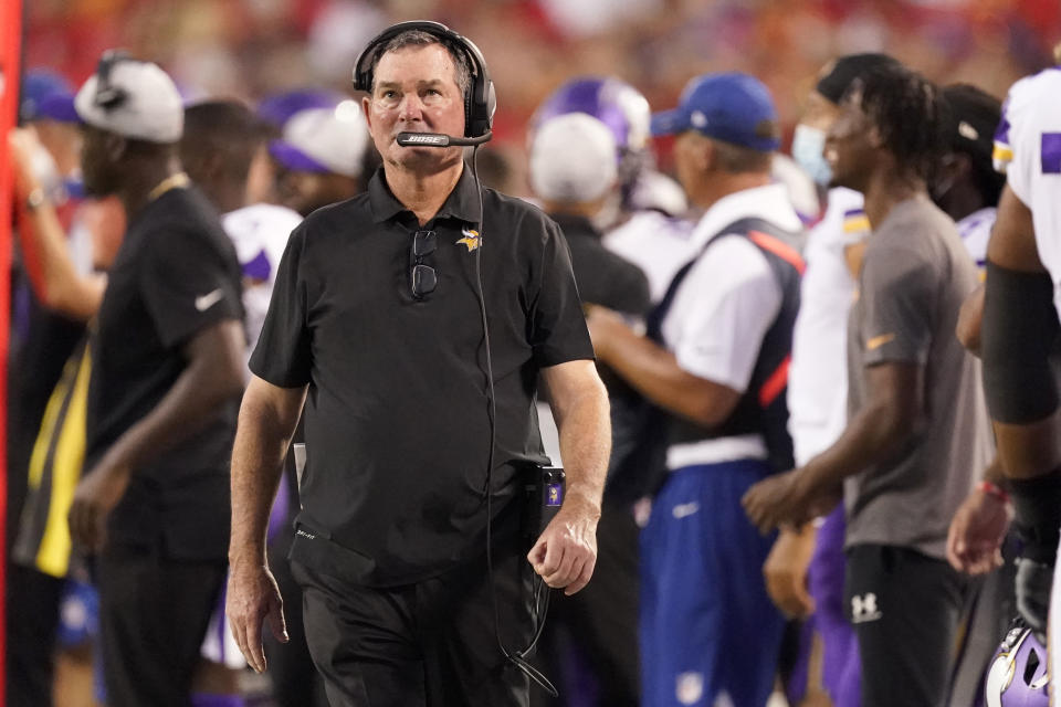 Minnesota Vikings head coach Mike Zimmer watches from the sidelines during the first half of an NFL football game against the Kansas City Chiefs Friday, Aug. 27, 2021, in Kansas City, Mo. (AP Photo/Charlie Riedel)