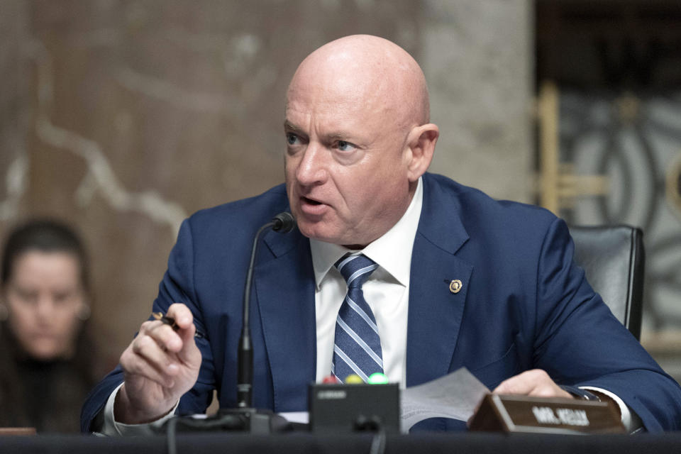 FILE - Sen. Mark Kelly, D-Ariz., speaks during a hearing of the Senate Armed Services Committee to on Capitol Hill, in Washington on March 24, 2022. “This is a crisis, and in my estimation, because of a lack of planning from the administration, it’s about to get worse,” said Sen. Mark Kelly of Arizona. Kelly and fellow Arizona Democratic Sen. Kyrsten Sinema met Wednesday, March 30, with Homeland Security Secretary Alejandro Mayorkas to press their case for the administration to better plan and coordinate a response. (AP Photo/Jose Luis Magana, File)