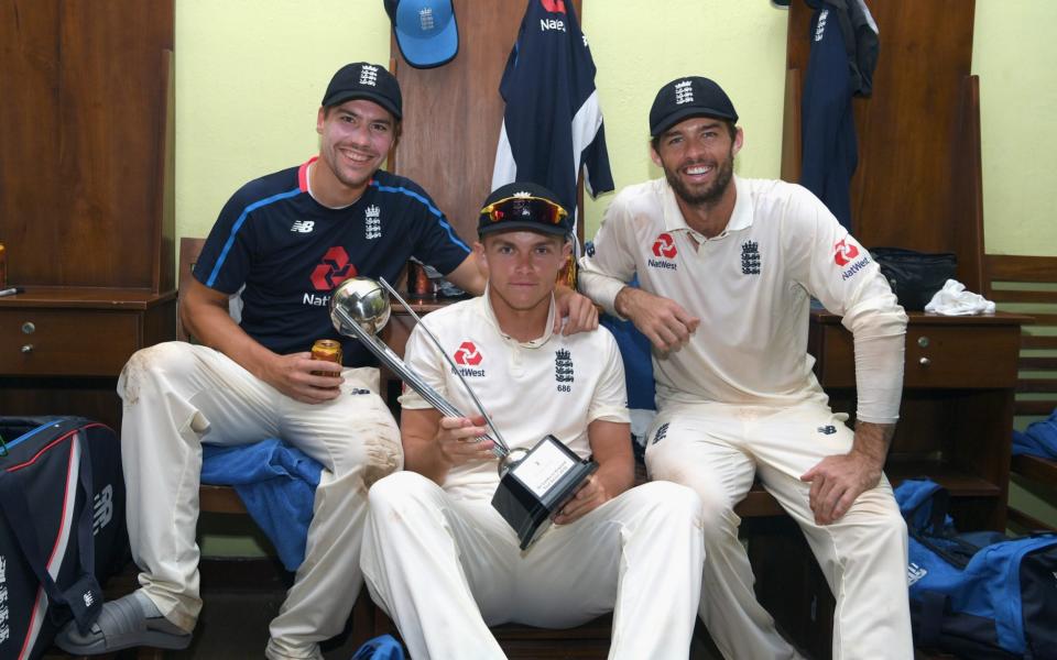 Rory Burns, Sam Curran and Ben Foakes celebrate after the 3-0 series victory in Sri Lanka in 2018 - GETTY