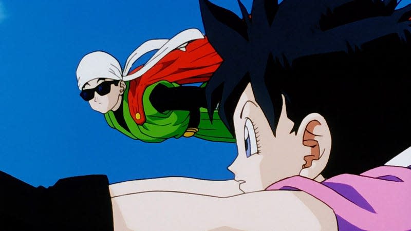 Gohan flies next to Videl in the Dragon Ball Z anime.