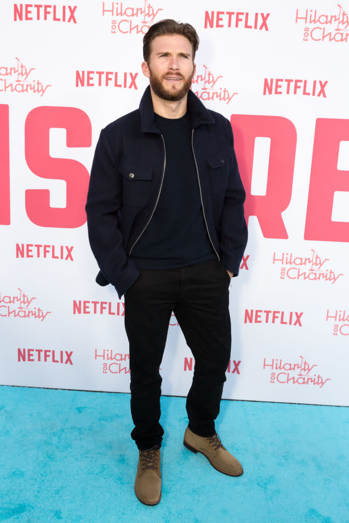 <p>Scott Eastwood kept it casual at the Hilarity for Charity annual show in desert boots and a navy knit. <em>[Photo: Getty]</em> </p>