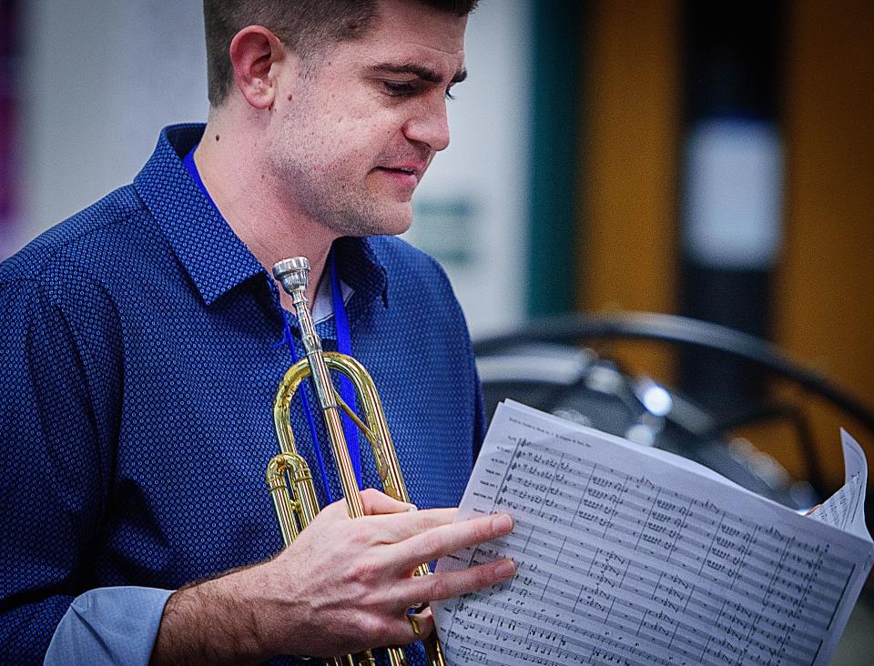 Andrew Burk, Valley Ridge Academy band director, works with students in his jazz band class at the school on Friday, Jan. 21, 2022. Burk is St. Johns County Teacher of the Year for 2022.