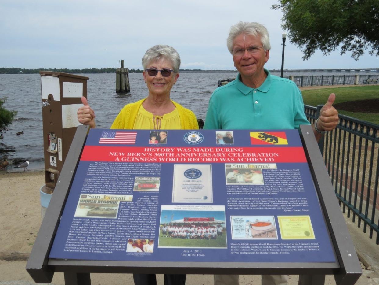 Tommy Moore and wife Barbara are pictured with the historic marker donated to the city and placed in Union Point Park.