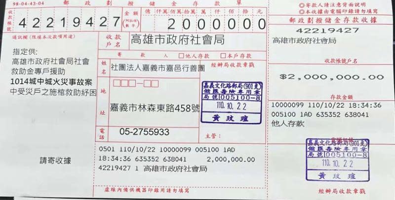 高雄城中城大樓慘重災情　嘉邑行善團捐款200萬元