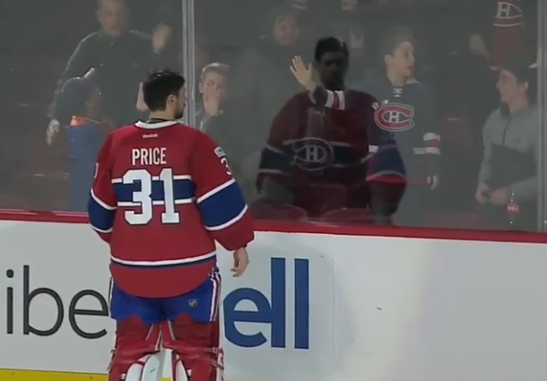 Montreal Canadiens goaltender Carey Price stares down a fan who had snagged a souvenir puck from a kid. (Photo: Instagram/@tsn_official)