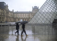 People walk by the Louvre museum, in Paris, France, Sunday, March 1, 2020. The spreading coronavirus epidemic shut down France's Louvre Museum on Sunday, with workers who guard its trove of artworks fearful of being contaminated by the museum's flow of visitors from around the world. (AP Photo/Rafael Yaghobzadeh)
