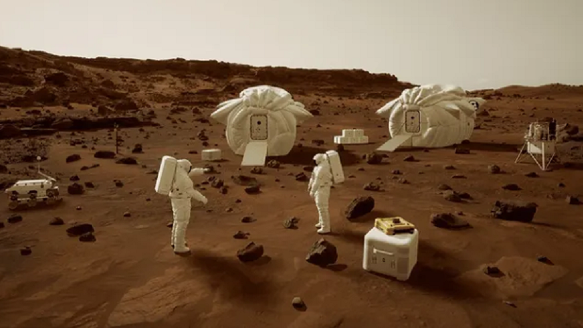  a small mars settlement in virtual reality including a collection of cabins, astronauts, rovers and landers 