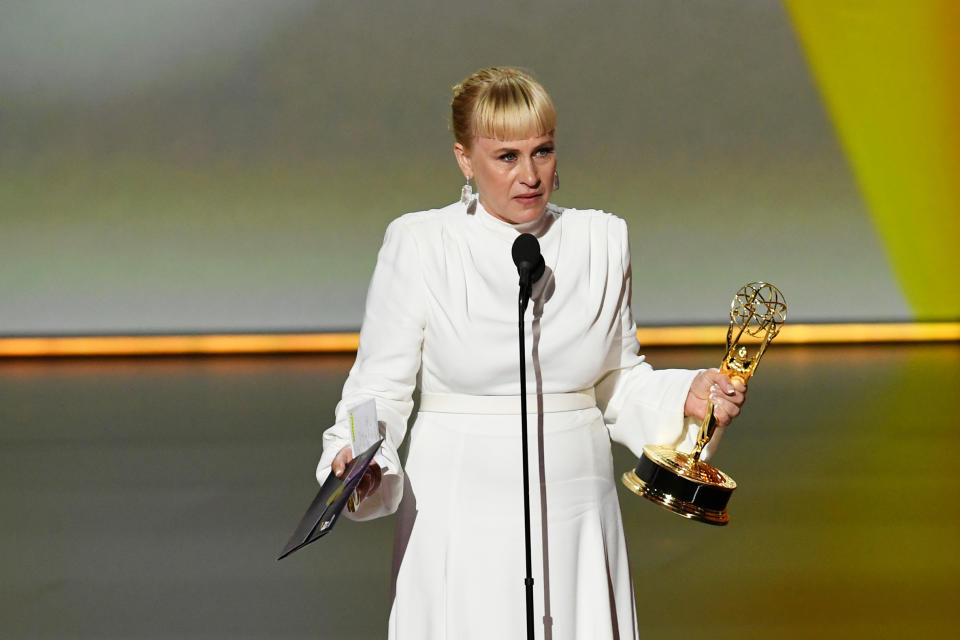 Patricia Arquette speaks out for transgender rights while accepting the Emmy for Supporting Actress in a Limited Series or Movie for 'The Act' during the 71st Emmys. | Kevin Winter—Getty Images