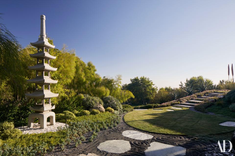 A towering pagoda in the garden off the master bedroom.