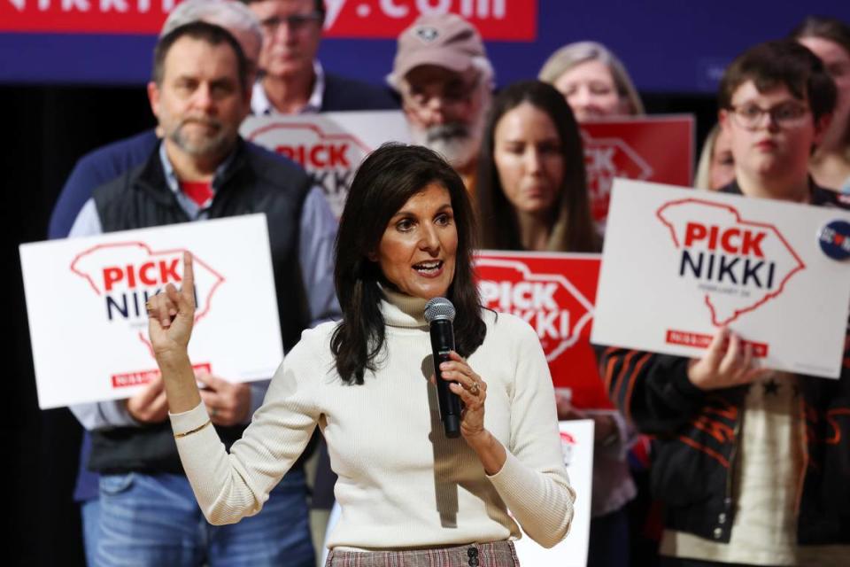 U.S. Presidential candidate Nikki Haley speaks at a campaign stop in Indian Land, S.C. on Friday, Feb. 2, 2024