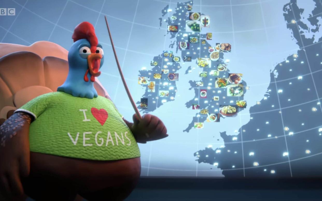 Animated poultry are seen rejoicing at meat-free meals. - BBC/BBC