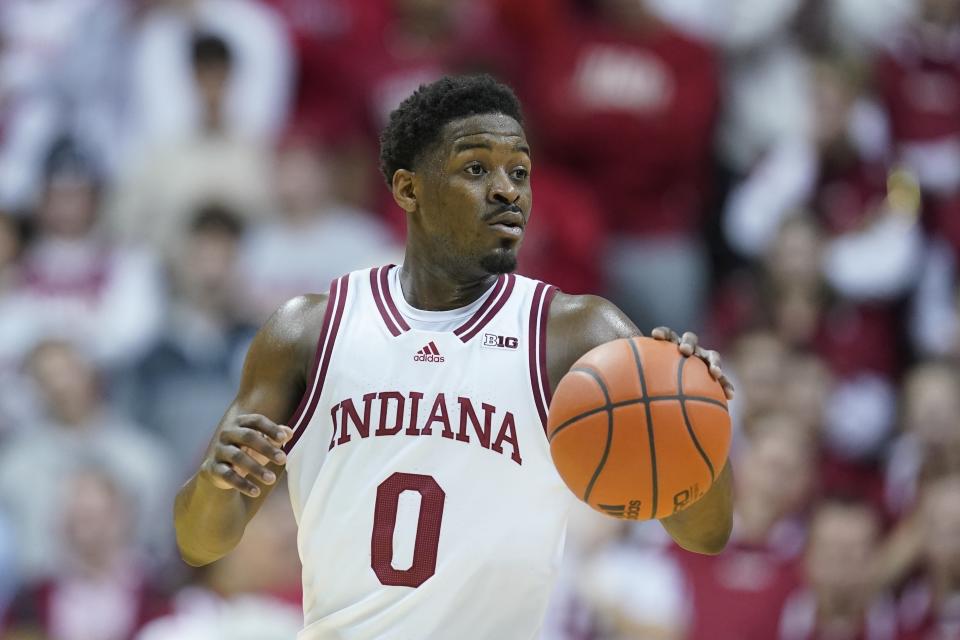 FILE - Indiana's Xavier Johnson plays during the second half of an NCAA college basketball game against Nebraska, Dec. 7, 2022, in Bloomington, Ind. (AP Photo/Darron Cummings, File)