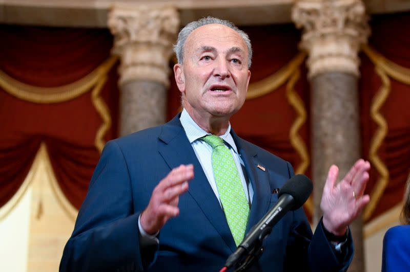 U.S. Senate Minority Leader Schumer, joined by Speaker of the House Pelosi, speaks to reporters in the U.S. Capitol in Washington
