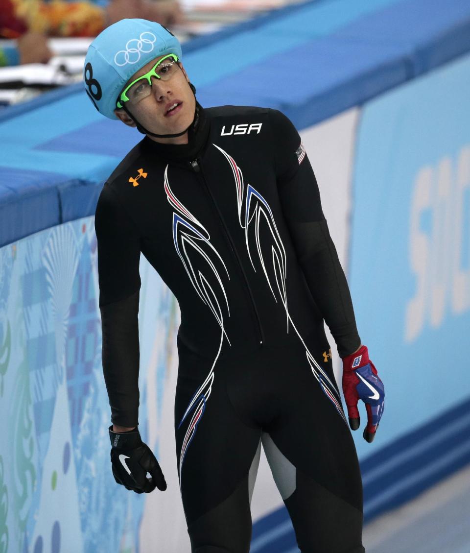 J.R. Celski of the United States reacts after he crashed out in a men's 1000m short track speedskating quarterfinal at the Iceberg Skating Palace during the 2014 Winter Olympics, Saturday, Feb. 15, 2014, in Sochi, Russia. (AP Photo/Ivan Sekretarev)