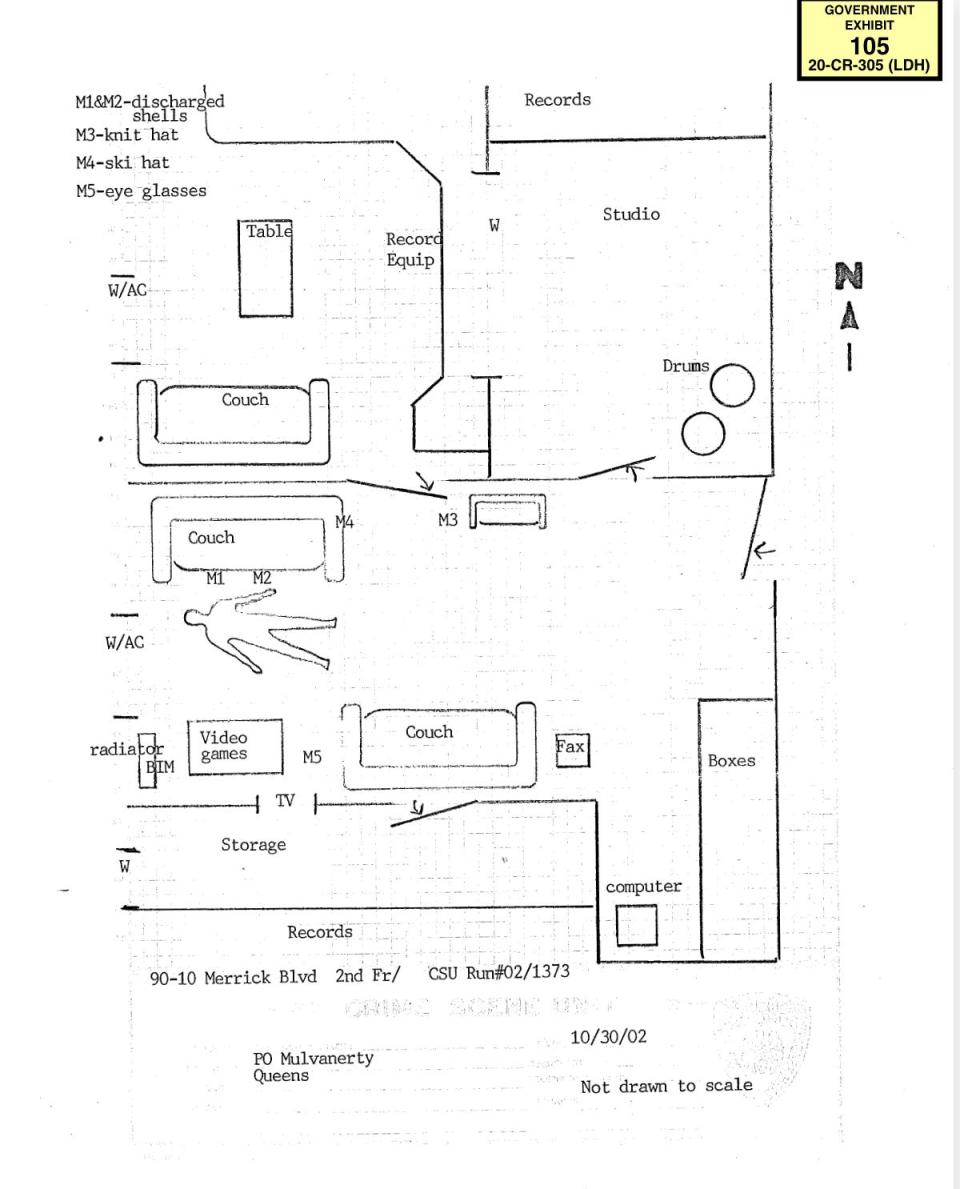 An NYPD diagram of the Queens, New York studio where Jam Master Jay was shot dead in 2002.