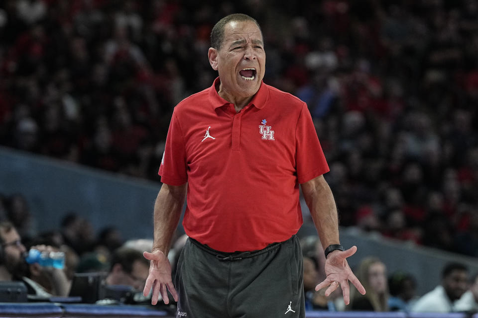 Houston coach Kelvin Sampson yells during the first half of the team's NCAA college basketball game against Tulane, Wednesday, Feb. 22, 2023, in Houston. (AP Photo/Kevin M. Cox)