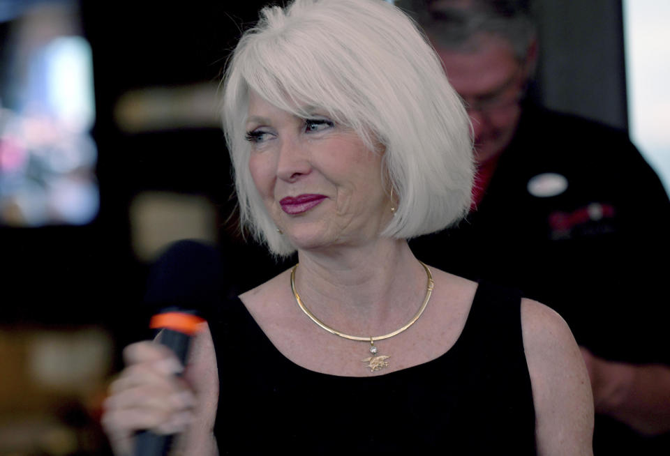 Tina Peters speaks to supporters at her election watch party in Sedalia, Colo., on June 28, 2022.  / Credit: Thomas Peipert/AP