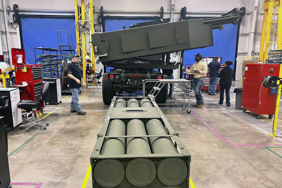 An M270 Multiple Launch Rocket System (MLRS) is assembled at Lockheed Martin's weapons plant, Thursday, March 14, 2024 in Camden, Ark. (AP Photo/Tara Copp)