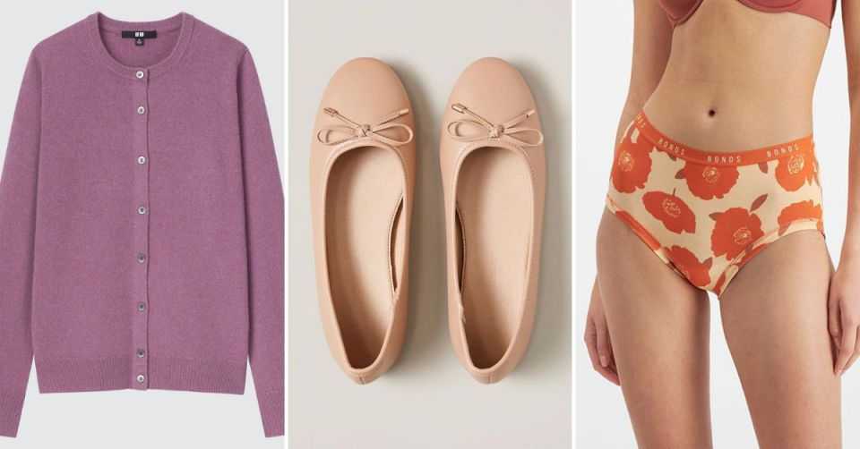 Left: Uniqlo cashmere cardigan. Middle: Target ballet flats. Right: Bonds women's underwear.