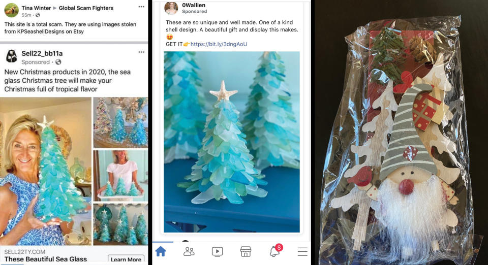 Kristi Pimentel, left, had photos of her and her sea glass trees stolen and put onto scam advertisements on Facebook, left and center; Heather Hopper purchased three and says she instead was sent a gnome, right.<span class="copyright">Gnome: Courtesy of Heather Hopper</span>