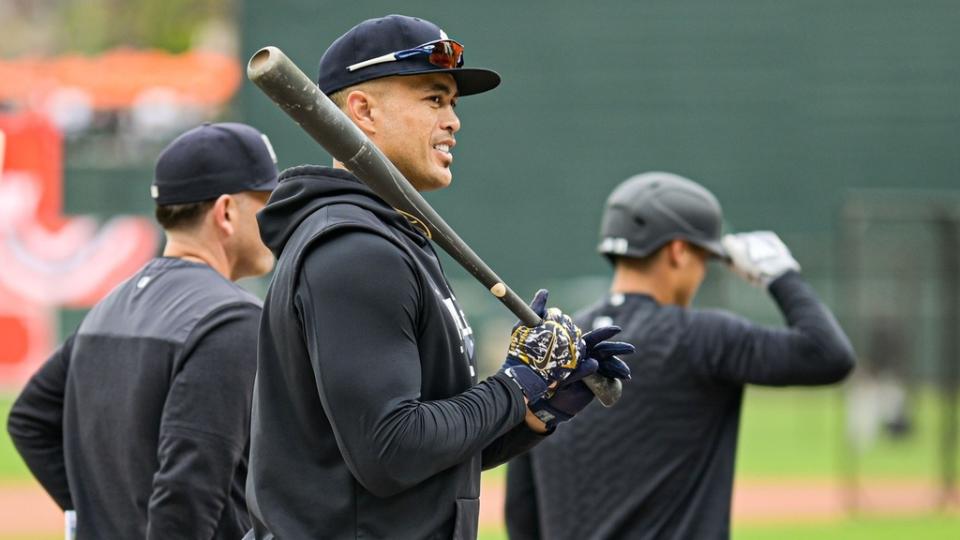 Apr 7, 2023; Baltimore, Maryland, USA; New York Yankees designated hitter Giancarlo Stanton (27) stands on the field before the game against the Baltimore Orioles at Oriole Park at Camden Yards