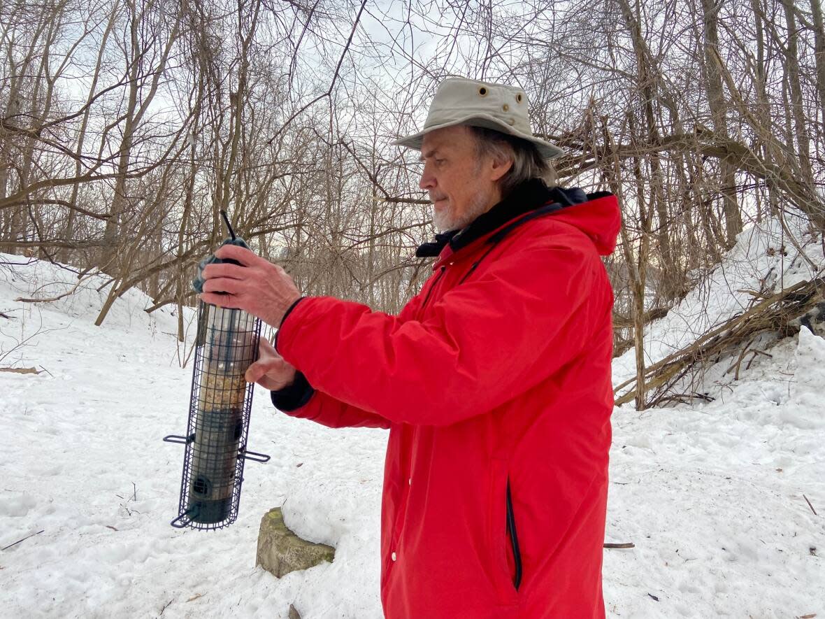 Roger Jochym reloads a bird feeder tucked away in the wooded slope known as the Falaise St-Jacques in Montreal's west end.  (Rowan Kennedy/CBC - image credit)