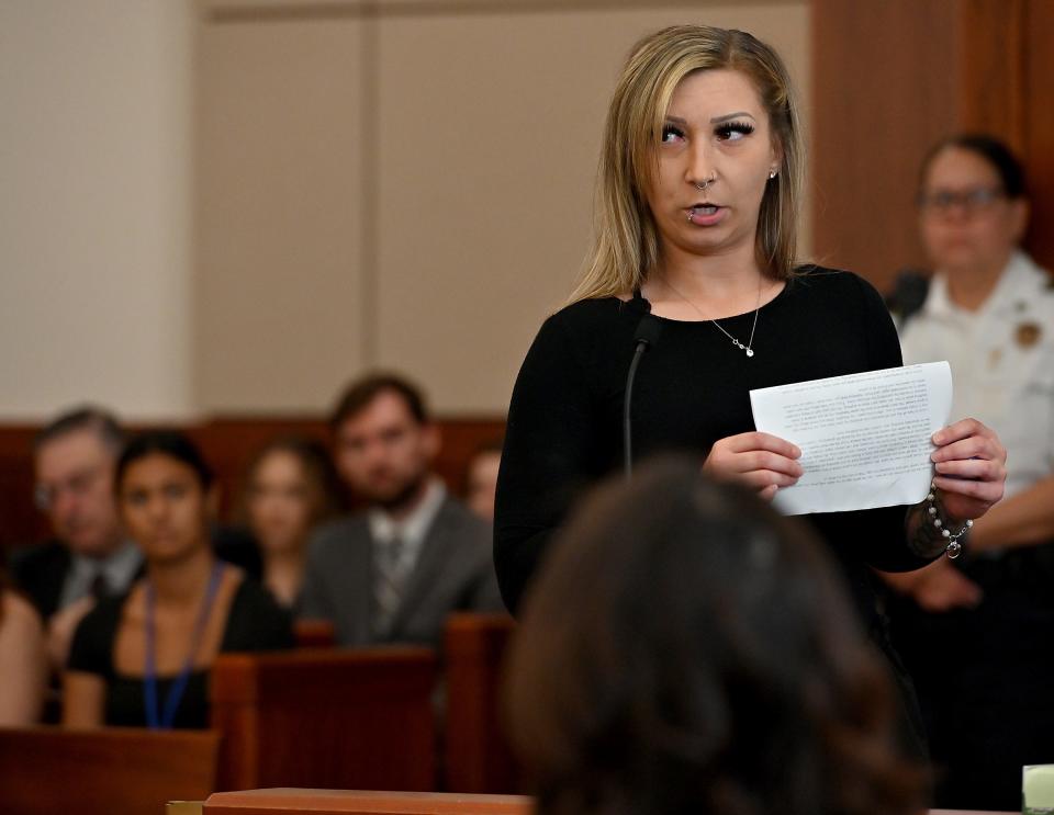 Victoria Dabrowski gives a victim-impact statement at the sentencing of Carlos Asencio, who was convicted of first-degree murder in the death of her sister Amanda.