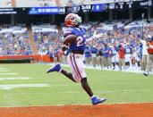 Florida running back Dameon Pierce (27) walks into the end zone to score the Gators first touchdown against South Carolina during an NCAA college football game in Gainesville, Fla., Saturday, Oct. 3, 2020. (Brad McClenny/The Gainesville Sun via AP, Pool)