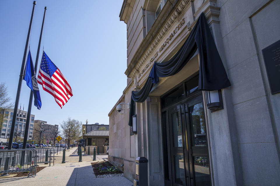 The U.S. Capitol Police Headquarters entrance in Washington, is draped in black Monday, April 5, 2021, after one officer was killed and another injured after a driver slammed into them at a barricade Friday afternoon. Security concerns over the events of the past four months may alter not only how the U.S. Capitol Police operate, but also whether the historically public grounds can remain open. (AP Photo/J. Scott Applewhite)