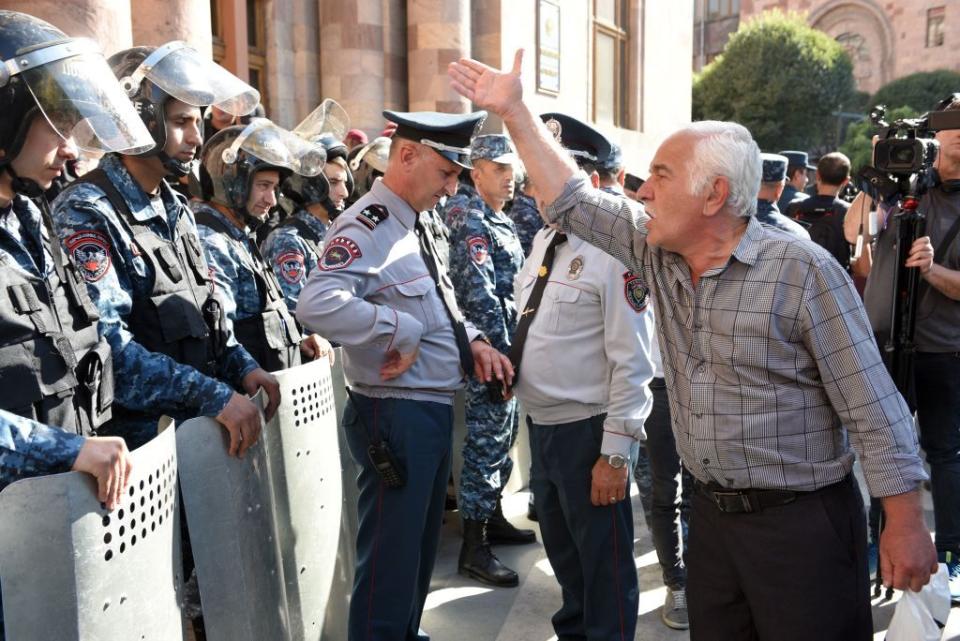 Protestors gather in downtown Yerevan on Sept. 20, 2023, as separatists in Nagorno-Karabakh and Azerbaijan's authorities announced they would cease hostilities, signalling the end of an "anti-terror" operation launched just one day earlier by Azerbaijan's forces in the breakaway region. (Photo by Karen Minasyan/AFP via Getty Images)