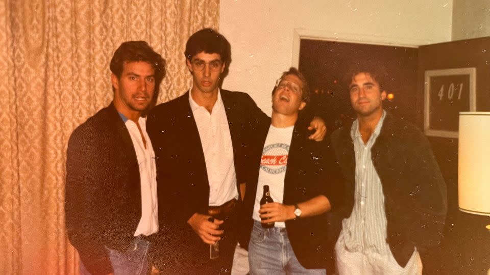Griggs, second from left, with his brother and friends in the the mid-'80s in possibly the only Vegas motel room they could afford. - Courtesy Brandon Griggs