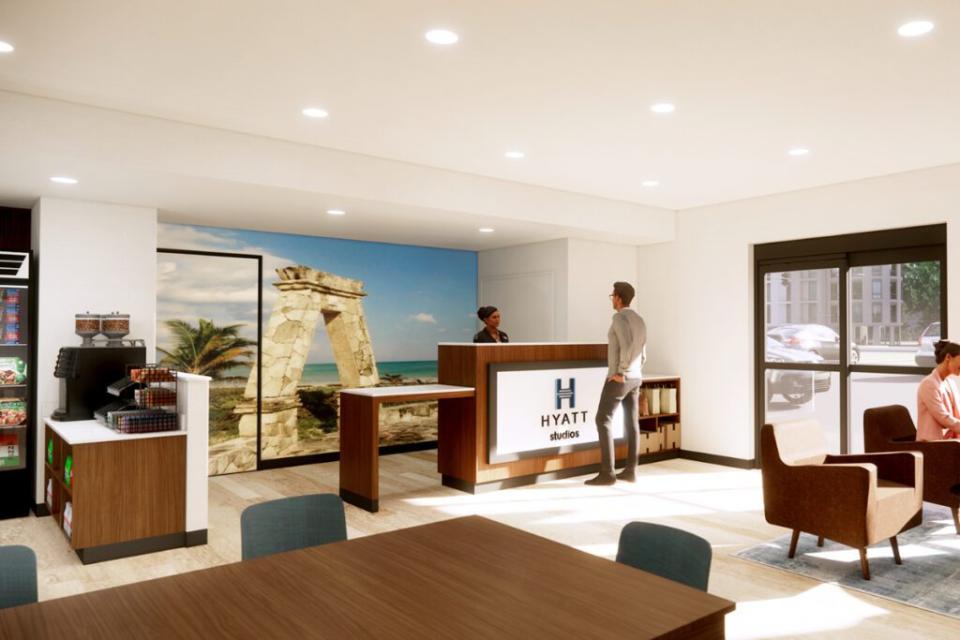 Lobby at hyatt studio extended stay april 2023