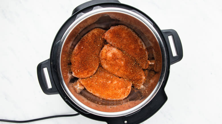 Spice covered chicken breasts in slow cooker