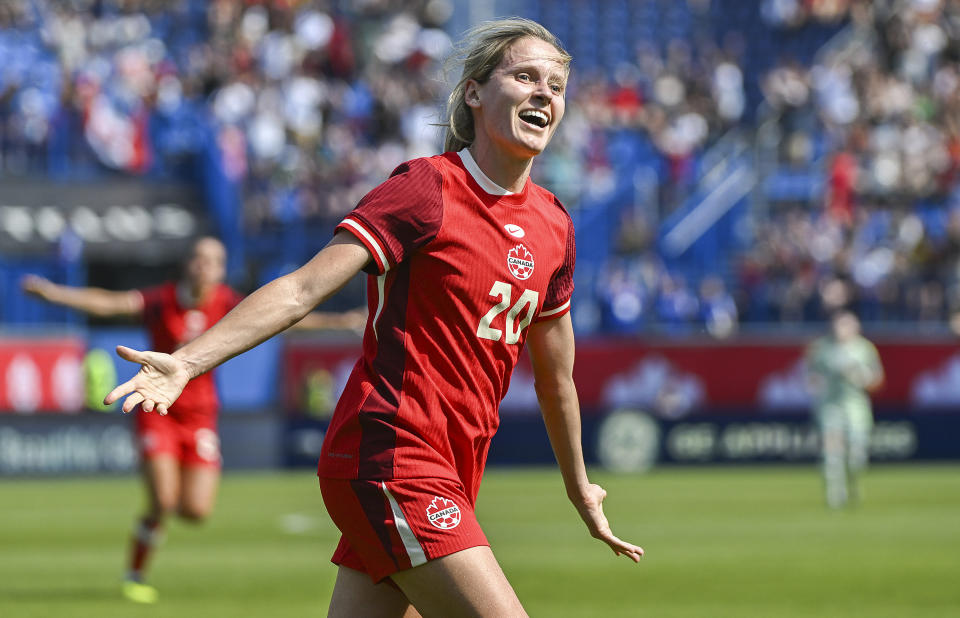 Canada's Cloe Lacasse reacts after scoring against Mexico during the second half of an international friendly soccer game in Montreal, Saturday, June 1, 2024. (Graham Hughes/The Canadian Press via AP)