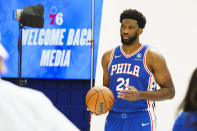 Philadelphia 76ers center Joel Embiid poses for some photos during the NBA basketball team's Media Day in Camden, N.J., Monday, Sept. 27, 2021. (AP Photo/Chris Szagola)