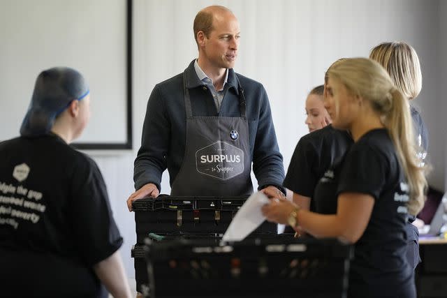 <p>Alastair Grant-WPA Pool/Getty Images</p> Prince William visits Surplus to Supper in Sunbury-on-Thames, Surrey, on April 18, 2024.