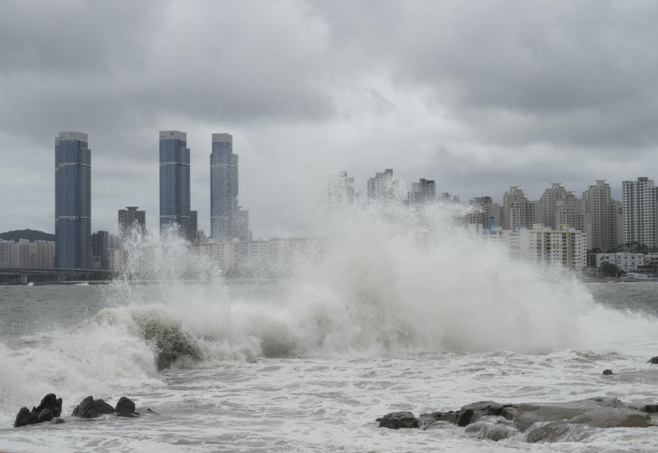 High waves crash a shore as the tropical storm Khanun approaches to the Korean Peninsular, in Busan, Thursday, Aug. 10, 2023. The strong tropical storm blew ashore in South Korea on Thursday morning, dumping heavy rain and pummeling its southern regions after thousands of people were evacuated. (AP Photo/Ahn Young-joon)