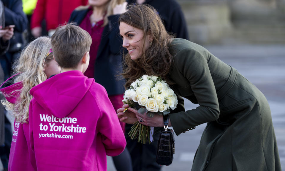 BRADFORD, ENGLAND - JANUARY 15: Catherine, Duchess of Cambridge visits City Hall in Bradfords Centenary Square where she met members of the public on a walkabout on January 15, 2020 in Bradford, United Kingdom. (Photo by Mark Cuthbert/UK Press via Getty Images)