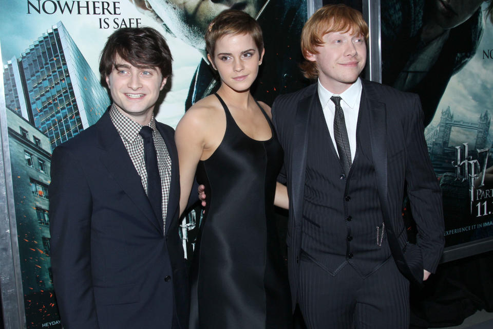 NEW YORK CITY, NY - NOVEMBER 15: (L-R) Daniel Radcliffe, Emma Watson, Rupert Grint and Tom Felton attend New York Premiere of HARRY POTTER AND THE DEATHLY HALLOWS at Alice Tully Hall on November 15, 2010 in New York City. (Photo by JIMI CELESTE/Patrick McMullan via Getty Images)