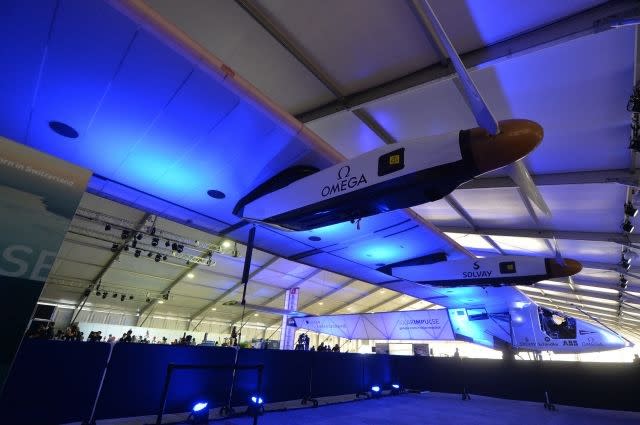 The Solar Impulse 2 undergoes maintainance in a hangar in Lukou International Airport in Nanjing